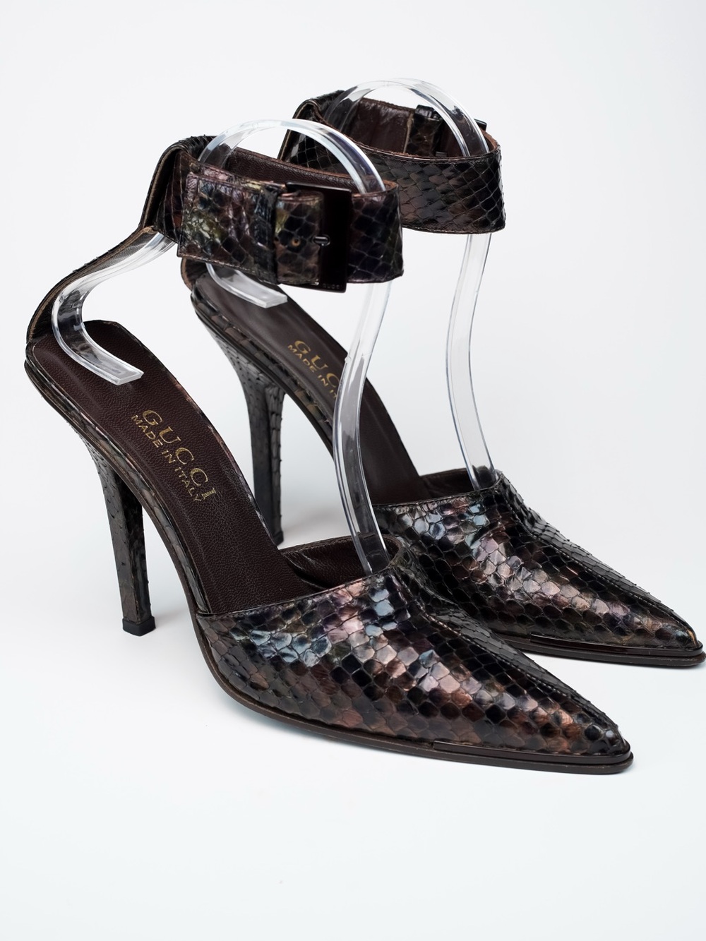 S/S 1997 Tom Ford for Gucci Metallic Python Ankle Strap Pumps Heels US 7